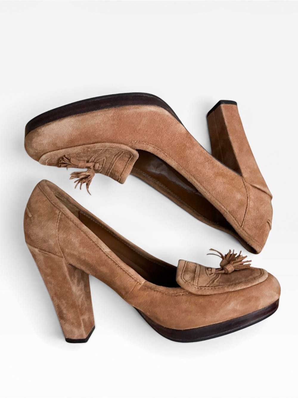 Sam Edelmen Suede Tassel heels in Cognac Brown